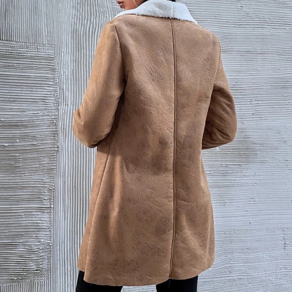 Vegan leather shearling faux fur lined open front jacket coat black cream - Picture 9 of 13